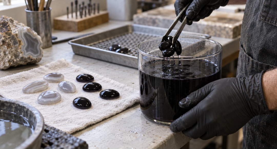 Parte considerável do ônix preto encontrado no comércio corresponde a ágatas submetidas a processos de tingimento. A técnica é antiga e busca produzir uma coloração escura mais intensa e uniforme, sem necessariamente prejudicar o uso ornamental da pedra.