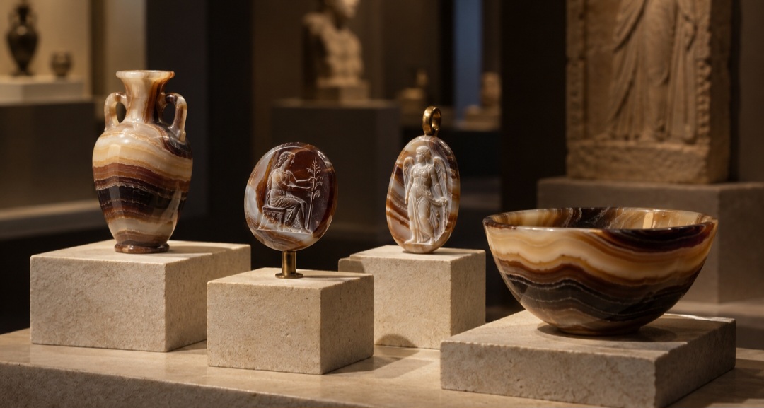 O material já era trabalhado no Egito antigo e também apareceu em objetos das culturas grega e romana. Suas camadas contrastantes favoreceram a criação de vasos, selos, amuletos e pequenas peças esculpidas