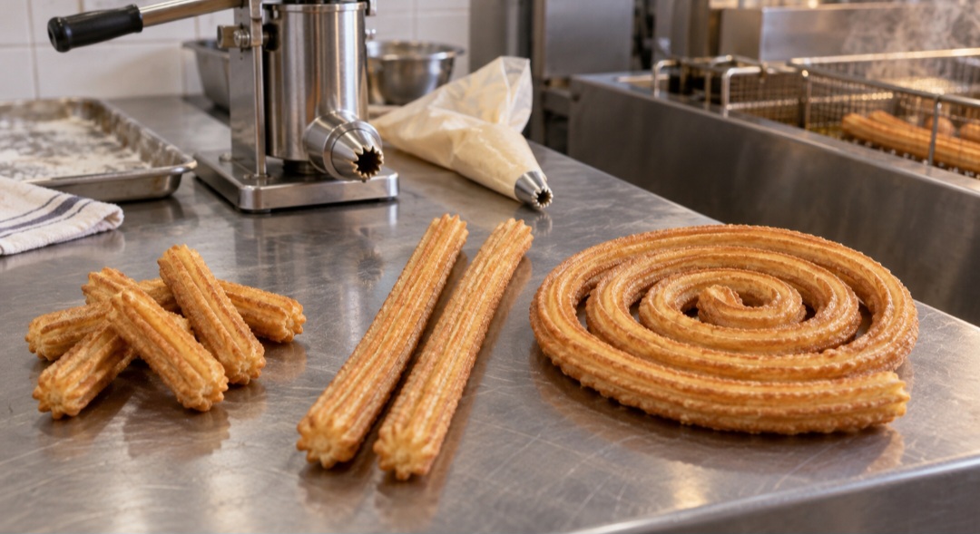 O churro pode aparecer em tiras curtas, bastões compridos ou grandes espirais. O formato depende de como a massa sai da máquina ou do saco de confeitar antes de chegar à fritura. 