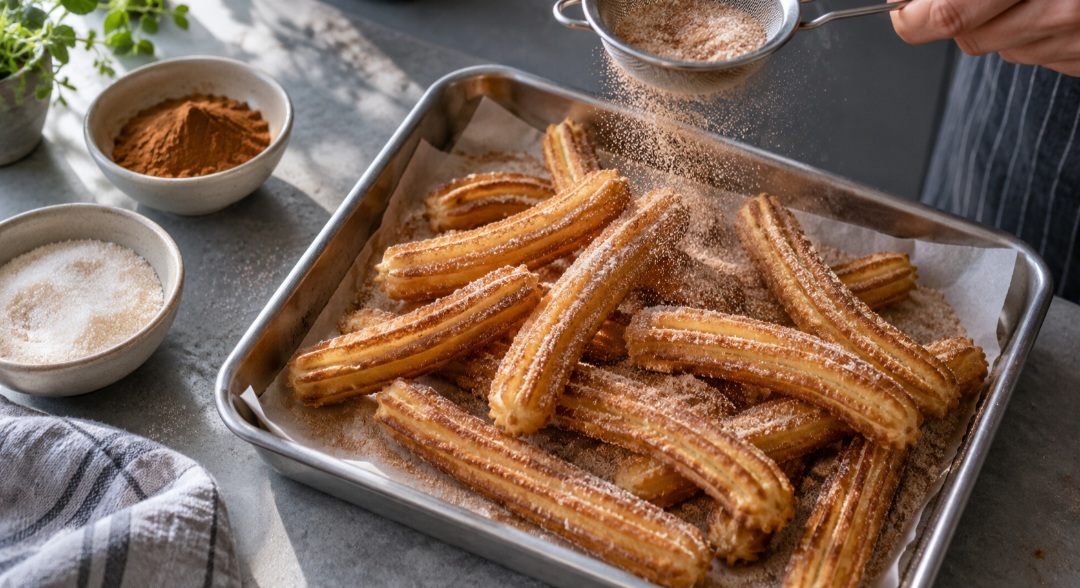 O churro pode ser servido sem recheio, coberto apenas por açúcar. Em versões populares nas Américas, a canela se junta à cobertura e acrescenta aroma à massa recém-frita. 