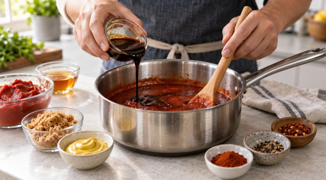 Muitas receitas combinam tomate ou ketchup, vinagre, açúcar, melaço, mostarda e especiarias. A proporção entre esses ingredientes determina se o resultado será mais doce, ácido, picante ou encorpado.