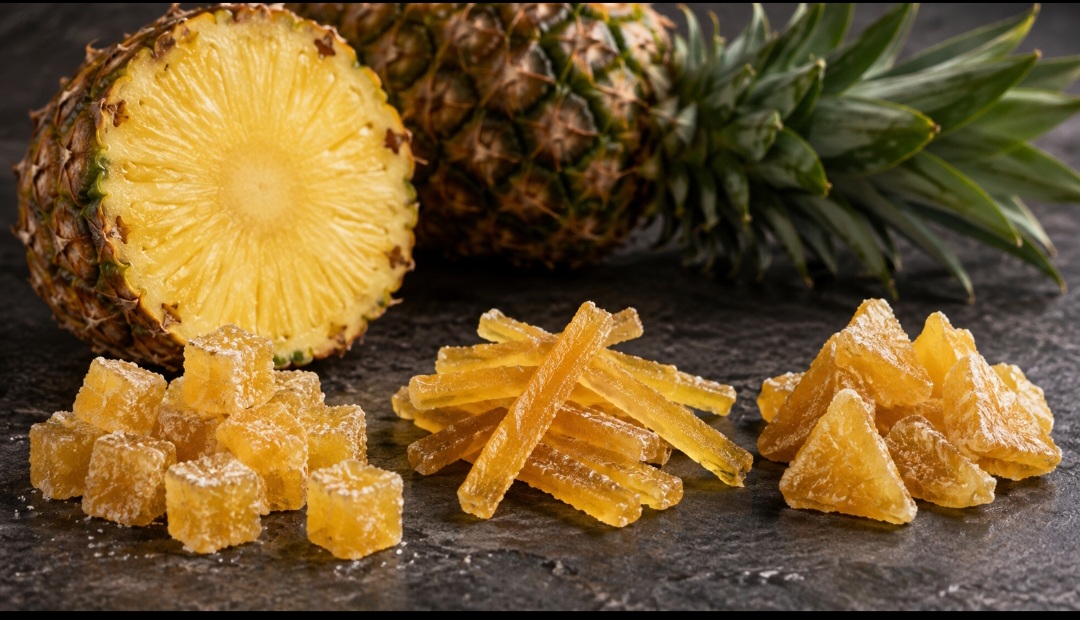 Abacaxi – A acidez característica cria um contraste agradável com a grande quantidade de açúcar utilizada na cristalização. A fruta precisa estar firme para não se romper durante o cozimento. Pode ser preparada em cubos, tiras ou pequenos pedaços.