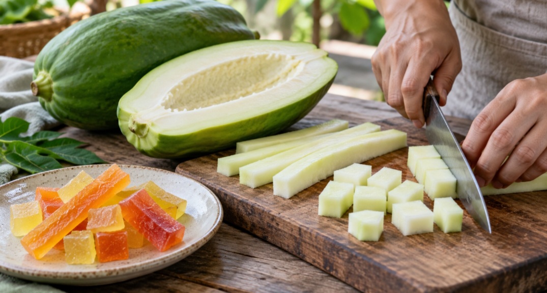 Mamão verde – A polpa firme e o sabor discreto fazem do mamão ainda verde uma das matérias-primas mais usadas. Ele absorve bem a calda, mantém o formato e pode ser cortado em cubos ou tiras. Em produtos comerciais, também pode receber corantes.