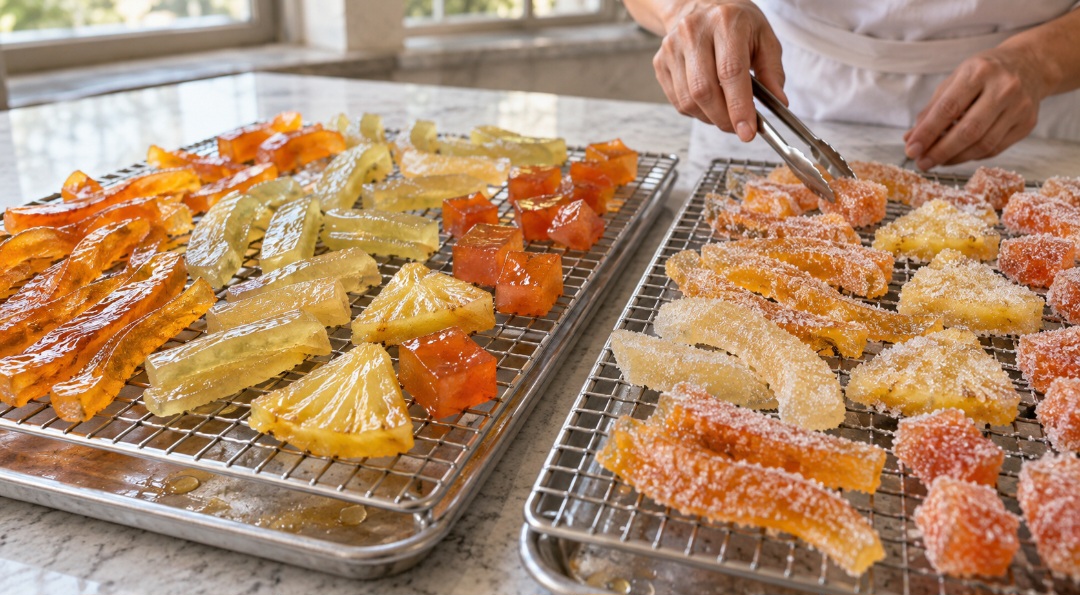 As frutas devem estar sadias, firmes e, em muitos casos, ainda pouco maduras. Depois de lavadas, elas são descascadas, cortadas e têm sementes ou partes fibrosas retiradas. O tamanho uniforme dos pedaços favorece uma cristalização equilibrada.