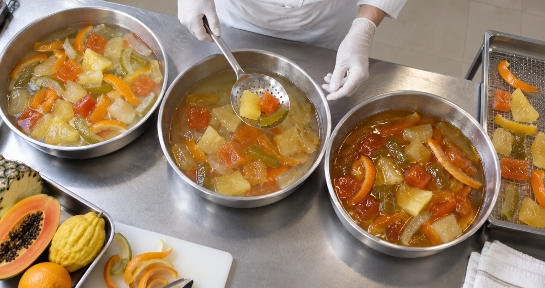 A cristalização consiste em cozinhar a fruta e mergulhá-la em caldas de açúcar cada vez mais concentradas. Aos poucos, o açúcar penetra no alimento enquanto parte de sua água é retirada. O processo preserva a forma e deixa a textura mais firme.
