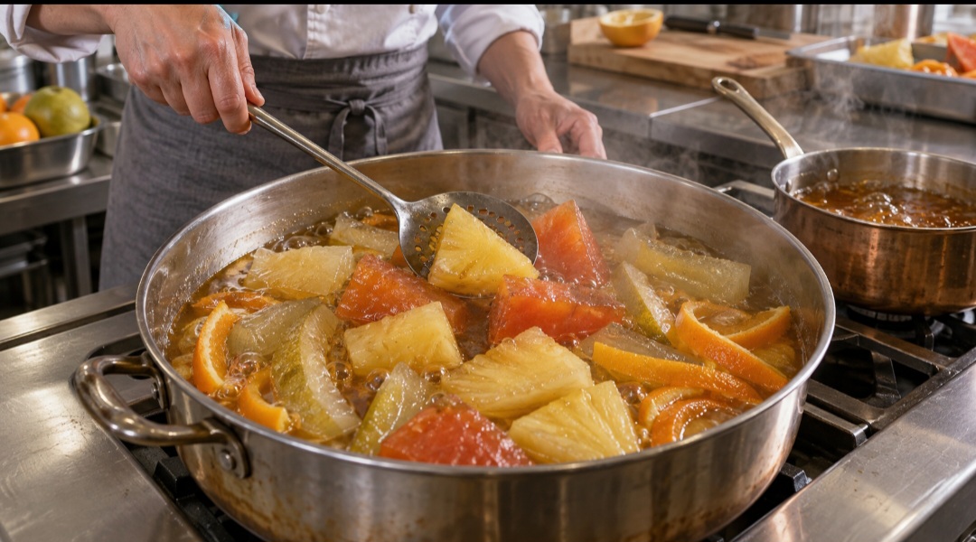 Antes de receber a calda, a fruta costuma passar por um cozimento rápido em água. Essa etapa amacia os tecidos e facilita a entrada do açúcar. O tempo precisa ser controlado para que os pedaços não se desfaçam.