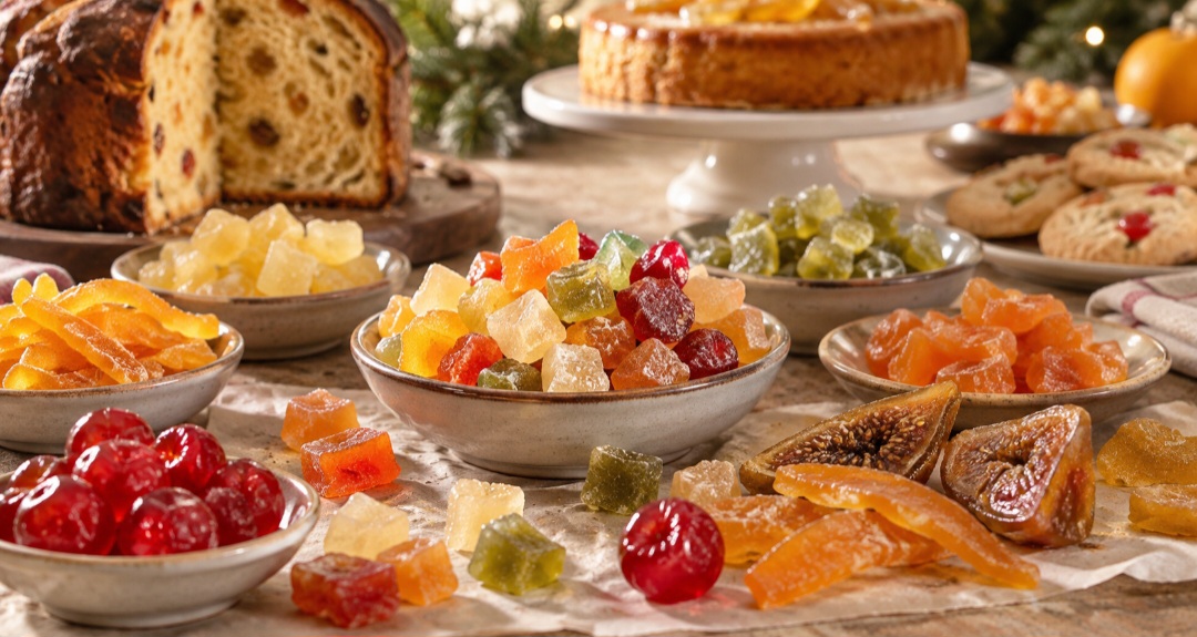 Coloridas e açucaradas, as frutas cristalizadas aparecem em panetones, bolos, biscoitos e outras sobremesas. O processo substitui gradualmente parte da água presente no alimento por açúcar, prolongando sua conservação. Frutas firmes, pouco maduras e resistentes ao cozimento costumam oferecer os melhores resultados. -  (crédito: Imagem gerada por i.a )