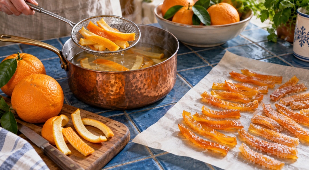Casca de laranja – A casca pode ser cortada em tiras e fervida mais de uma vez para perder parte do amargor. Depois, recebe os banhos de calda e passa pela secagem. O resultado combina sabor cítrico, perfume intenso e textura levemente mastigável.