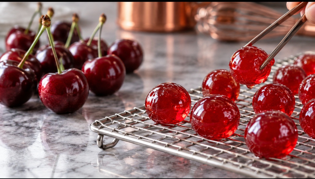 Cereja – A fruta pode ser conservada em uma calda concentrada de açúcar e receber acabamento liso e brilhante. Geralmente vendida como cereja confeitada ou glaceada, aparece na decoração de bolos, pães doces e sobremesas. A cor intensa de alguns produtos pode ser reforçada com corantes alimentícios.