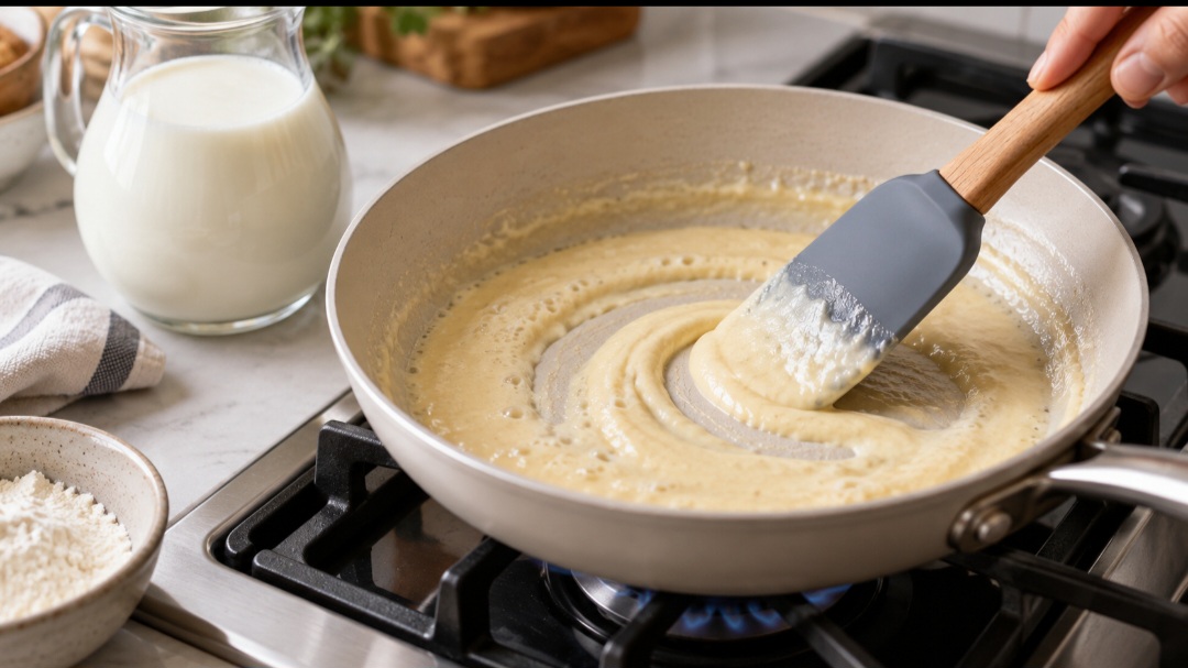 A farinha precisa cozinhar brevemente com a manteiga, sem escurecer demais. Essa etapa ajuda a tirar o gosto de farinha crua e mantém a cor clara característica da béchamel. Em seguida, o leite deve ser incorporado aos poucos, mexendo bem.