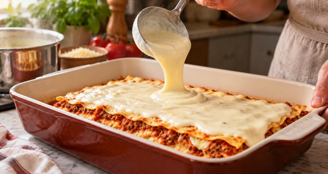 A consistência pode ser ajustada conforme o uso: um molho mais fluido se espalha bem entre as camadas da lasanha; um mais espesso cobre legumes e outros ingredientes antes de irem ao forno. O ideal é observar o ponto durante o cozimento e acrescentar leite se engrossar demais.