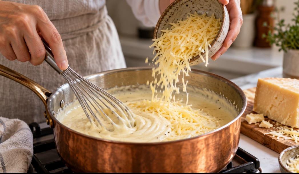 A béchamel também serve de ponto de partida para outros molhos. Com a adição de queijo, por exemplo, dá origem ao molho Mornay. É uma forma de mudar o sabor de uma receita conhecida aproveitando a mesma técnica de preparo. 