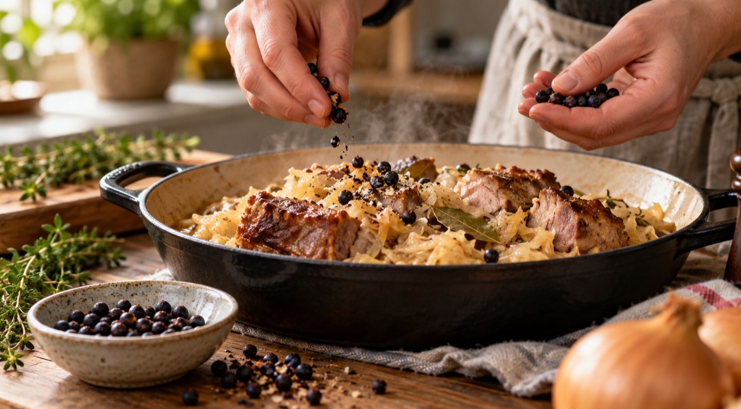 Na cozinha europeia, o zimbro aparece em preparações como chucrute, marinadas e pratos de carne. Seu sabor intenso ajuda a perfumar cozimentos longos. Por isso, costuma ser usado em pequenas quantidades, muitas vezes com as bagas levemente amassadas.