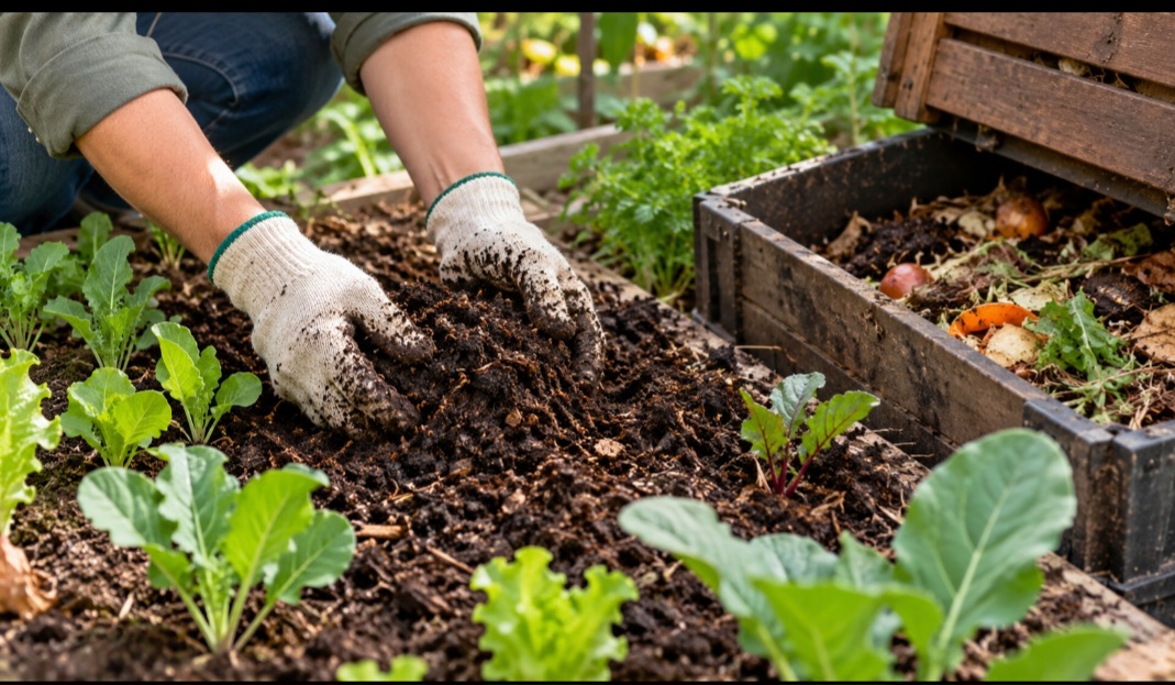 Composto orgânico - Produzido pela decomposição de restos vegetais e outros materiais orgânicos, ajuda a melhorar a estrutura do solo e sua capacidade de reter água. Também libera nutrientes gradualmente. É uma opção para preparar canteiros e enriquecer a terra do jardim.