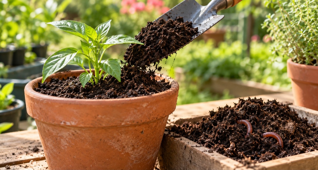 Húmus de minhoca – É o material resultante da transformação de resíduos orgânicos pelas minhocas. Pode ser misturado à terra de vasos e canteiros, contribuindo para a fertilidade e as condições do solo. Sua composição varia conforme os materiais usados na produção. 