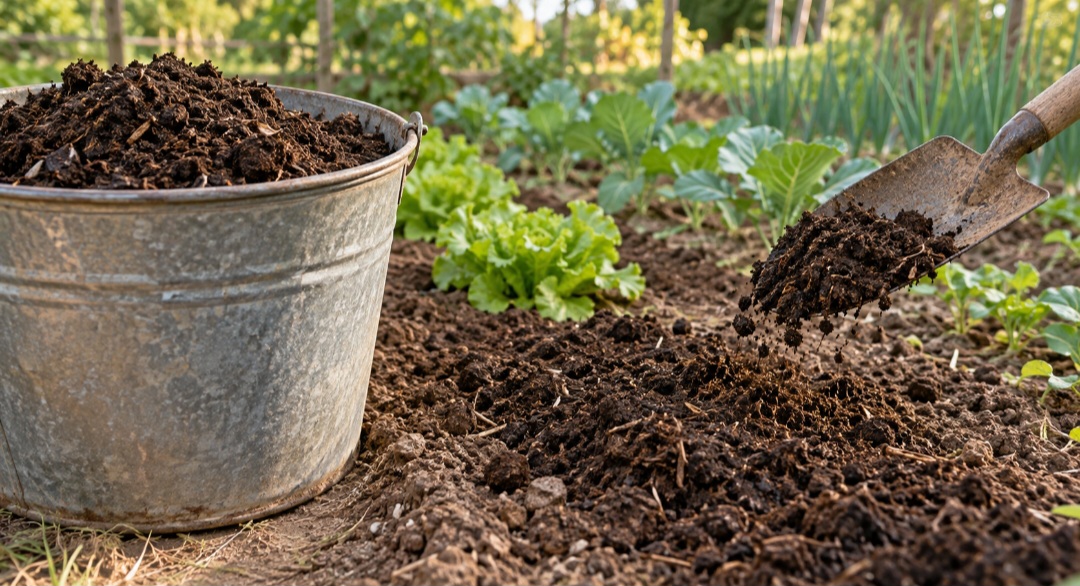 Esterco curtido – O esterco bovino ou de aves pode fornecer matéria orgânica e nutrientes ao solo, desde que esteja bem curtido ou tenha sido processado. O material fresco exige cuidado: quando mal curtido, pode prejudicar sementes e plantas jovens. 