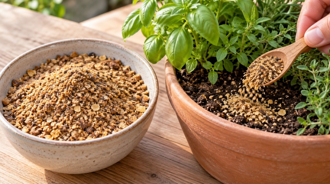 Bokashi – Feito com uma mistura fermentada de farelos e outros ingredientes orgânicos, é usado para fornecer nutrientes ao cultivo. A composição muda de um produto para outro. Por isso, vale conferir o rótulo antes de aplicá-lo em vasos ou canteiros