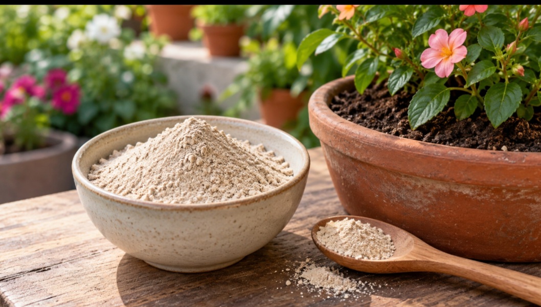 Farinha de ossos – É um adubo de origem animal usado principalmente como fonte de fósforo. Pode ser útil quando o cultivo precisa desse nutriente, mas aplicá-la sem necessidade não garante mais flores ou frutos. A análise do solo ajuda a orientar a escolha.