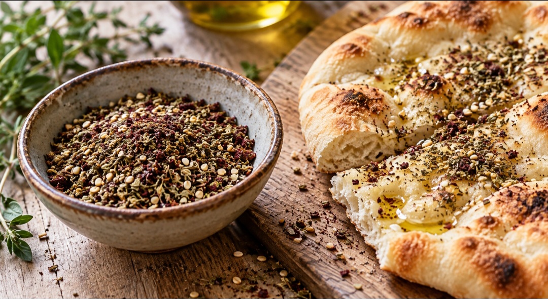 Uma das misturas que levam sumagre é o za’atar, preparado em diferentes versões. O tempero contribui com a acidez, enquanto ervas e gergelim acrescentam outros sabores. A mistura pode acompanhar pães e pratos salgados. 