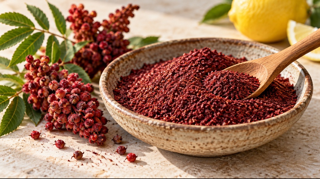 De cor vermelha intensa e sabor que lembra o limão, o sumagre é um tempero tradicional em cozinhas do Mediterrâneo e do oeste da Ásia. Ele aparece em saladas, carnes e misturas de especiarias. Conheça a planta, suas formas de uso e os cuidados na hora de comprar.  -  (crédito: Imagem gerada por i.a )
