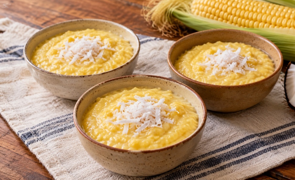 Milho-verde com coco
O milho batido e cozido forma um mingau espesso, de sabor naturalmente adocicado. Coco ralado combina bem com ele, enquanto uma pitada de sal ajuda a realçar os sabores. É uma opção que lembra as festas juninas.