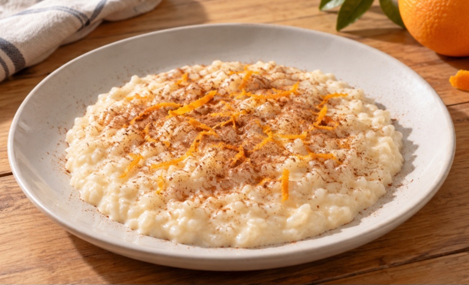 Arroz com leite e canela
O arroz cozido lentamente no leite resulta em uma tigela consistente e familiar. Canela combina com seu sabor suave; raspas de laranja acrescentam aroma. Dá para servir quente no café da manhã ou como sobremesa.
