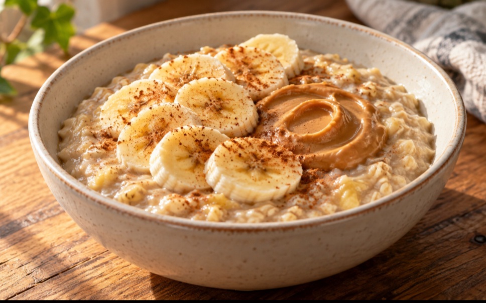 Aveia com banana e pasta de amendoim
A banana amassada engrossa a aveia durante o cozimento. Uma colher de pasta de amendoim acrescenta sabor tostado e deixa o mingau mais denso. Canela e rodelas de banana ficam bem na finalização.