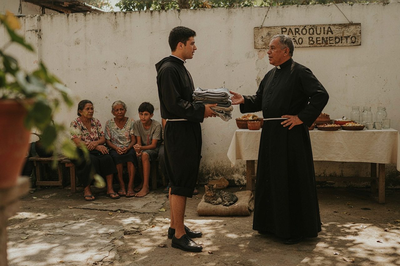 O trecho mostra como os padres desenvolveram uma experiência comunitária baseada na divisão de tarefas. O grupo funcionava de forma semelhante a uma república: os religiosos mais jovens cumpriam jornadas nas fábricas e contribuíam para as despesas da casa, enquanto os mais experientes cuidavam da organização do espaço, preparavam as refeições e atuavam na evangelização dos moradores do bairro.