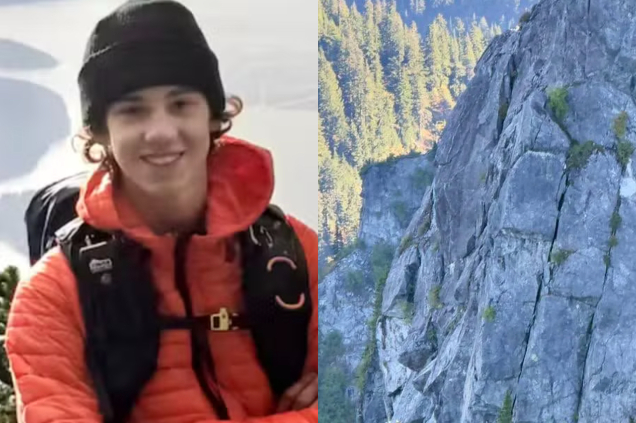 Um adolescente de 16 anos precisou ser resgatado de helicóptero após ficar preso em uma área perigosa da Crown Mountain, na Colúmbia Britânica, no Canadá. Bryce Vincent Gowryluk pretendia percorrer uma trilha entre a Grouse Mountain e a Crown Mountain, mas entrou por engano na rota de escalada Widowmaker, conhecida pelo alto grau de dificuldade. -  (crédito: Reprodução/Joelle Gowryluk/North Shore Rescue)
