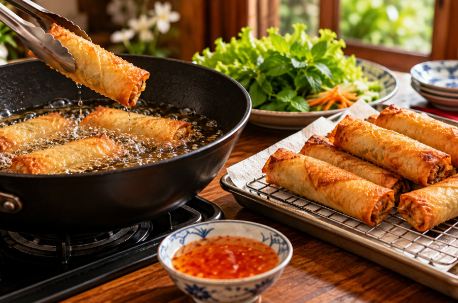 Frite os rolinhos em óleo aquecido a aproximadamente 175°C, até ficarem dourados e crocantes. Retire e deixe escorrer sobre uma grade ou papel absorvente. Sirva ainda quente, acompanhado de molho agridoce. Para uma versão com menos gordura, também é possível assá-los.