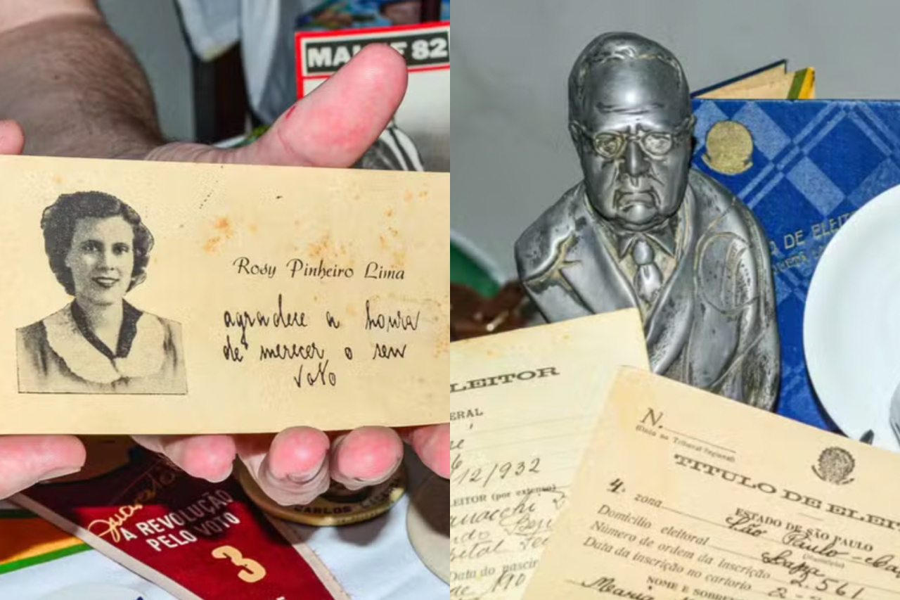 Entre seus itens mais especiais está um cartão de agradecimento distribuído em 1947 por Rosi Pinheiro Lima, primeira mulher eleita deputada estadual no Paraná. Adquirido recentemente em um leilão, o documento ocupa lugar de destaque na coleção por representar um marco da participação feminina na política estadual. -  (crédito: Arquivo Pessoal)