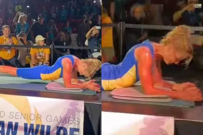 Donna Jean Wilde, atleta de 61 anos supera marca pessoal e bate próprio recorde mundial ao ficar 5 horas em posição de prancha – Reprodução/@worldseniorgames
