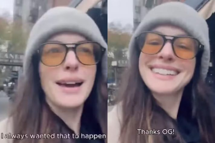 Em 2024, Hathaway passou por uma situação curiosa quando OG Anunoby se chocou contra uma placa de publicidade e quase derrubou a atriz – Reprodução/Redes Sociais