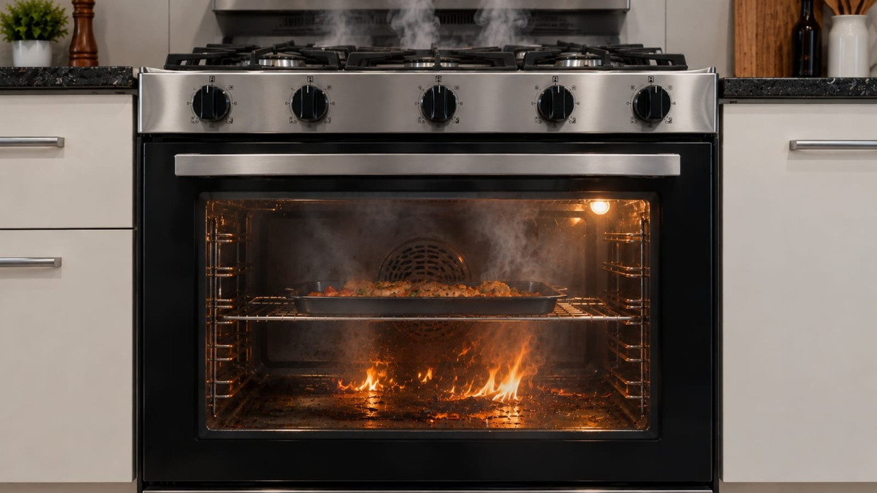 A situação exige mais cuidado quando há chamas dentro do forno. Nesse caso, o aparelho deve ser desligado pelo comando, e a porta deve permanecer fechada para evitar que a entrada de oxigênio aumente as chamas. Nos modelos a gás, o registro deve ser fechado, se isso puder ser feito sem colocar a pessoa em contato com o fogo. 
