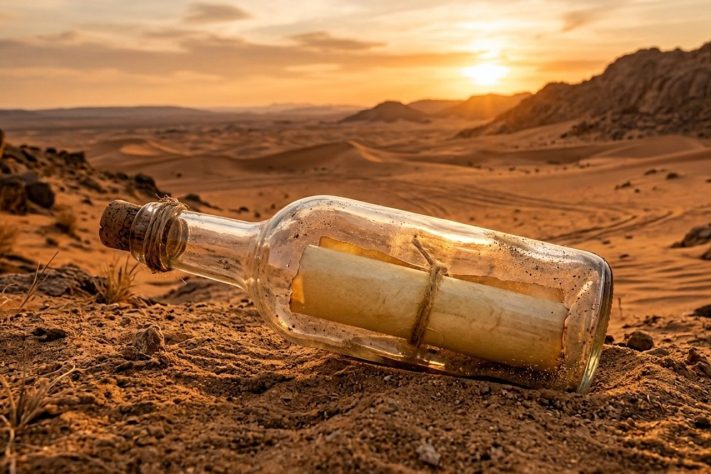 Garrafa com mensagem/carta no deserto – Imagem gerada por IA
