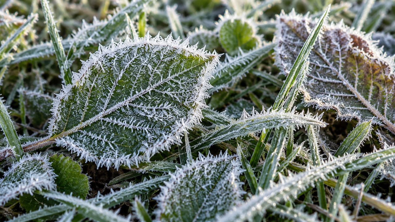 A geada branca se forma quando o vapor de água passa diretamente para o estado sólido sobre uma superfície muito fria. Seus cristais cobrem folhas, gramados e outros objetos. Embora lembre uma camada de neve, esse gelo se forma no próprio local.