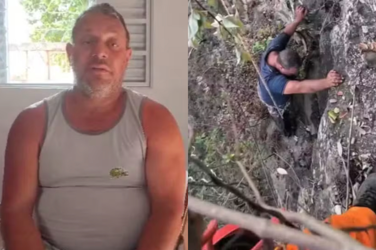 Um homem de 50 anos foi resgatado após passar mais de 16 horas preso em um penhasco na Serra de Taguatinga, no sudeste do Tocantins. Segundo apuração do g1 junto ao Corpo de Bombeiros, Gilmar de Oliveira escorregou ao tentar tirar uma selfie e ficou à beira de um precipício com cerca de 70 metros de altura. -  (crédito: Reprodução/Arquivo Pessoal de Andreia Bernardes

)