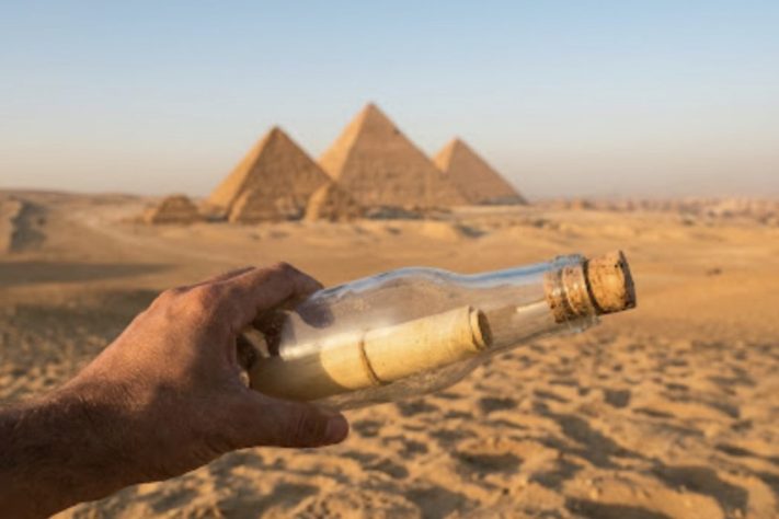 Garrafa com mensagem/carta no deserto – Imagem gerada por IA