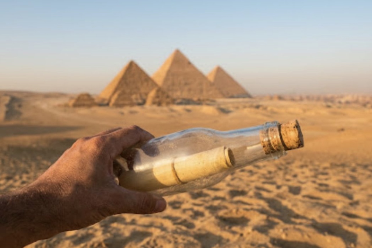 Uma descoberta no deserto ocidental do Egito permitiu reconstruir parte da história de um homem que morreu há quase três décadas. Durante uma expedição por Wadi Jadid, o guia beduíno Suleiman Zidan encontrou uma antiga garrafa de vidro sob a areia, perto de um tanque de aço abandonado. -  (crédito: Imagem gerada por IA)