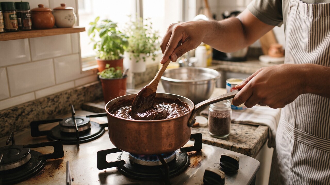 O preparo é simples e leva apenas quatro ingredientes: uma lata de leite condensado, oito colheres de sopa de chocolate em pó, meia colher de sopa de margarina ou manteiga e um pacote de biscoito maisena. Para começar, coloque o leite condensado, o chocolate em pó e a margarina em uma panela e mexa em fogo médio até a mistura desgrudar do fundo, no ponto de brigadeiro.
