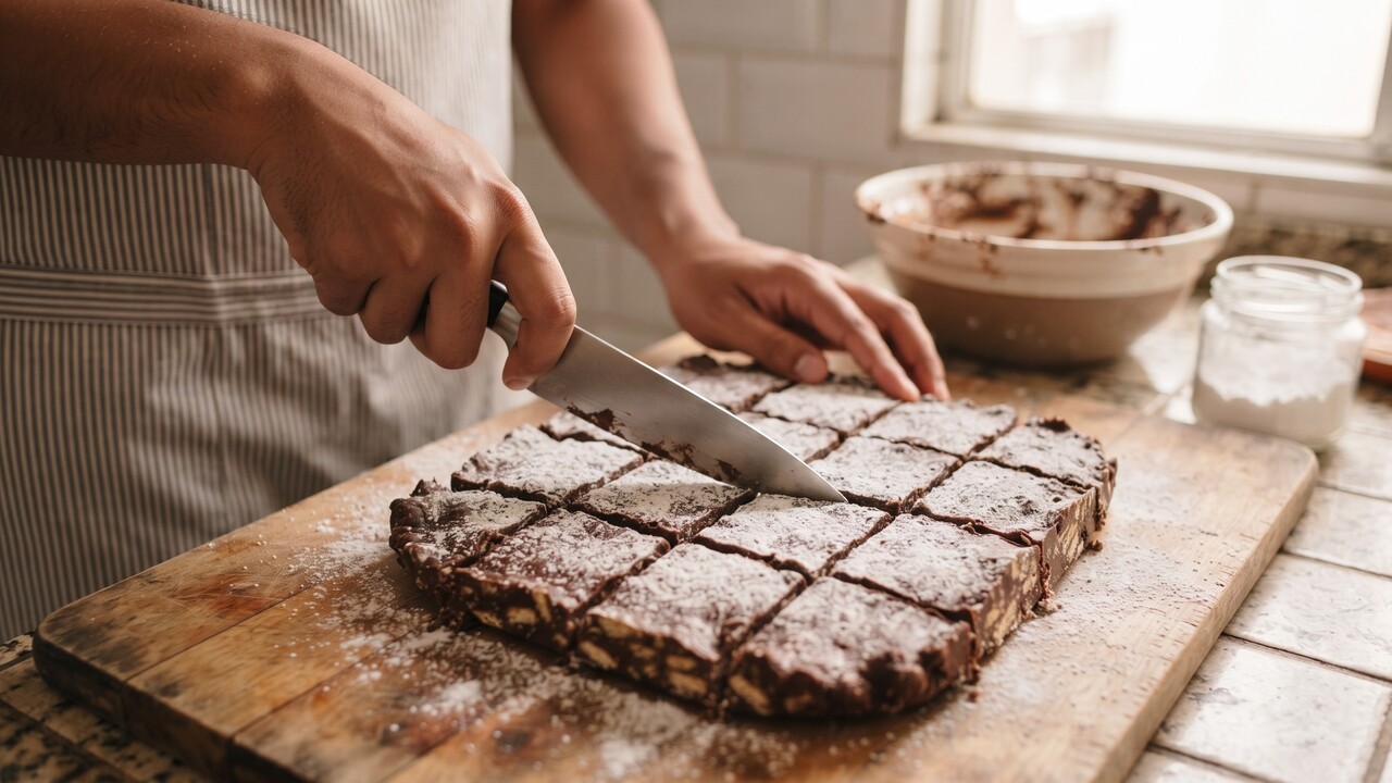 Em seguida, misture o brigadeiro com o biscoito maisena picado em pedaços pequenos e despeje a massa sobre uma bancada de mármore ou outra superfície lisa untada com margarina. Espalhe e pressione com as mãos até formar uma camada uniforme e espere esfriar antes de cortar em quadradinhos. Se desejar, passe os pedaços em açúcar de confeiteiro.
