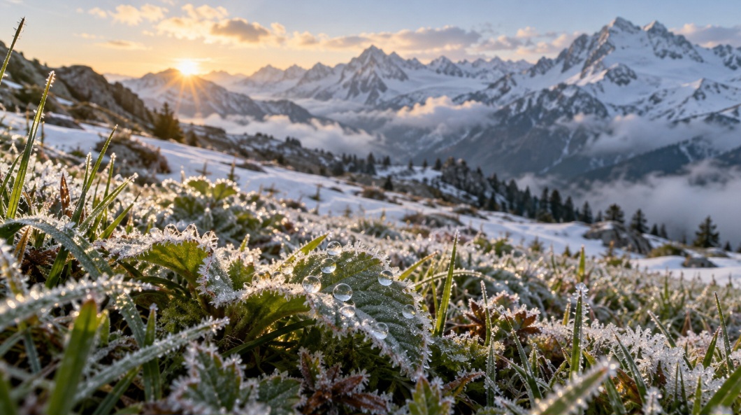 Flocos que caem do céu, pedras de gelo, folhas esbranquiçadas e gotas sobre a vegetação têm algo em comum: a água. Mas neve, granizo, geada e orvalho surgem por processos diferentes, nas nuvens ou junto ao chão. -  (crédito: imagem gerada por i.a)