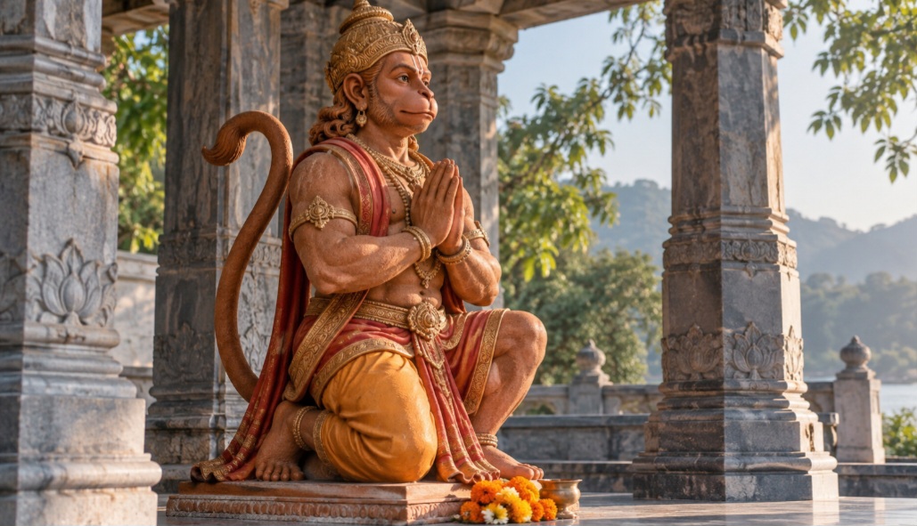Hanuman: força a serviço da devoção Hanuman é uma divindade de forma simiesca, conhecida por sua devoção a Rama. Associado à força, à coragem e à lealdade, representa também o serviço desinteressado. Sua importância lembra que, na religiosidade hindu, a dedicação ao divino pode se expressar por meio das ações.