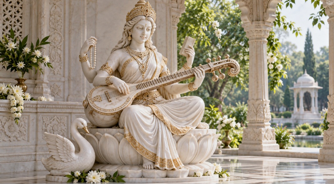 Saraswati: conhecimento e artes Saraswati é associada ao conhecimento, à aprendizagem, à música e às artes. É reverenciada por quem busca sabedoria e desenvolvimento intelectual ou artístico. Sua figura mostra como o estudo e a criação também podem fazer parte da experiência religiosa.