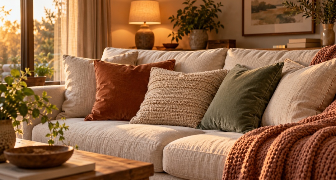 Um convite ao descanso. No sofá, na cama ou em uma poltrona, as almofadas acrescentam maciez e ajudam a tornar o ambiente mais acolhedor. Além do conforto, suas cores e texturas permitem renovar a decoração com mudanças simples. -  (crédito: imagem gerada por i.a)