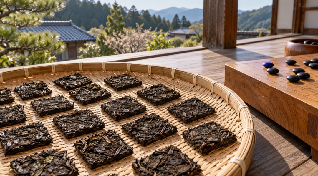 O nome significa “chá de pedras de go”. Depois de prontas, as folhas são cortadas e colocadas para secar ao sol. Os quadrados escuros dispostos lado a lado lembram as peças pretas do go, tradicional jogo de tabuleiro.