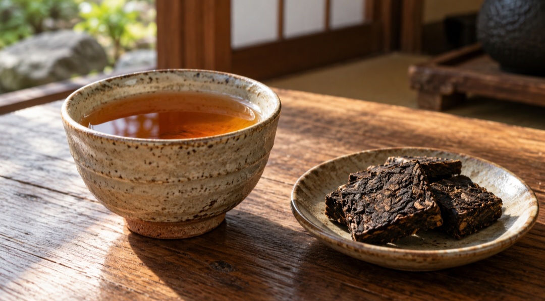 No Japão, existe um chá que chama a atenção antes mesmo de chegar à xícara. O goishicha é vendido em pequenos quadrados escuros, feitos de folhas fermentadas. Sua aparência e seu sabor são bem diferentes dos do chá verde mais conhecido.  -  (crédito: imagem gerada por i.a)