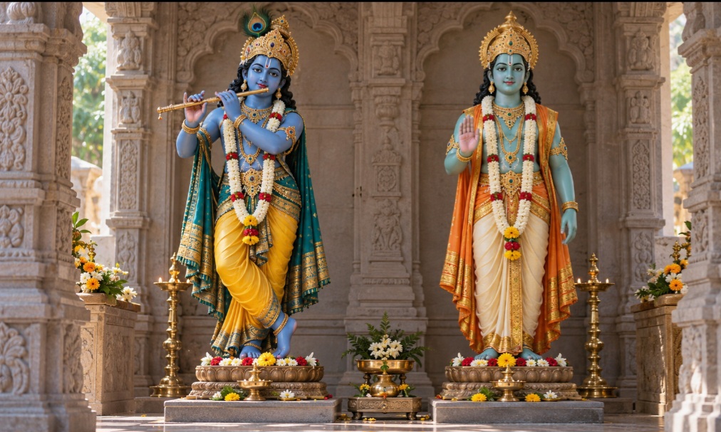 Krishna e Rama: manifestações de Vishnu Krishna e Rama são reverenciados como avatares de Vishnu, embora Krishna seja considerado o próprio ser supremo em algumas tradições. Rama é associado à conduta correta e ao cumprimento do dever. Krishna reúne ensinamentos e narrativas ligados à proteção do bem e à devoção.