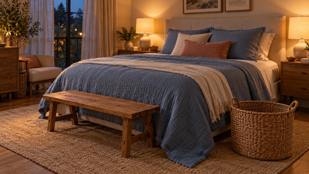 Sobre a cama, as almofadas acrescentam camadas e ajudam a compor a decoração. Capas que combinam com a colcha ou contrastam com ela permitem diferentes efeitos. Na hora de dormir, as peças podem ser guardadas em um cesto ou banco.