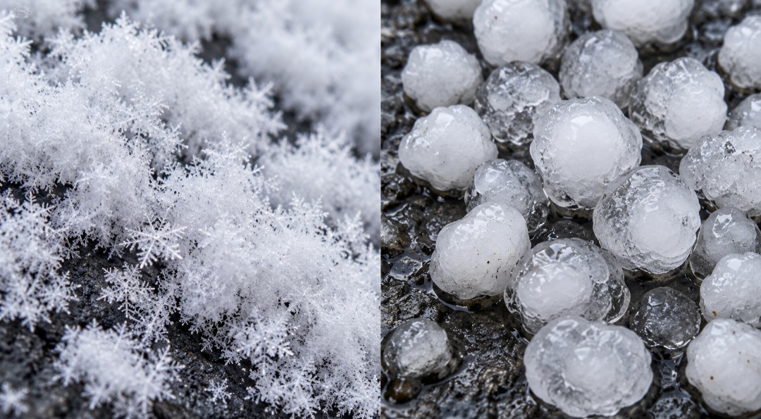Os dois caem das nuvens, mas têm estruturas diferentes. A neve é composta por cristais que podem se agrupar em flocos; o granizo cresce com o acúmulo de água que congela sobre partículas de gelo, formando pedras compactas.
